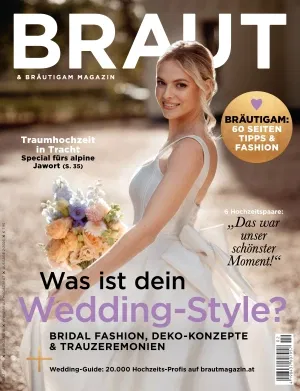 Die März-April Ausgabe des Braut & Bräutigam Magazin, zu sehen ist eine Braut mit einem pastellfarbenen Brautstrauß