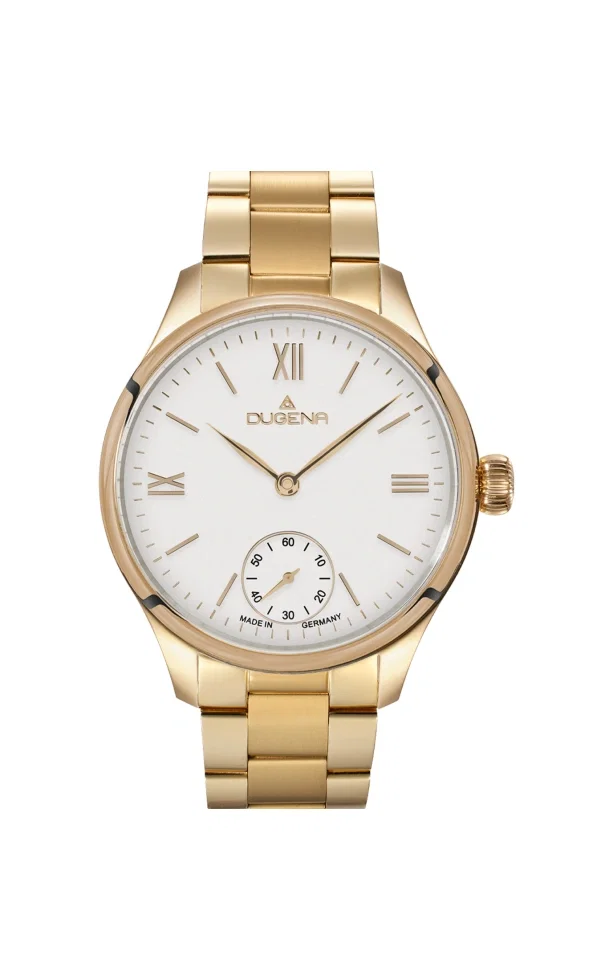 Goldene Armbanduhr mit weißem Zifferblatt, römischen Ziffern und kleiner Sekunde, präsentiert vor hellem Hintergrund.