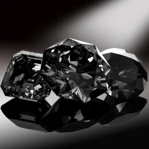 Elegante schwarze Edelsteine mit facettierten Formen, dramatisch beleuchtet auf dunklem Hintergrund