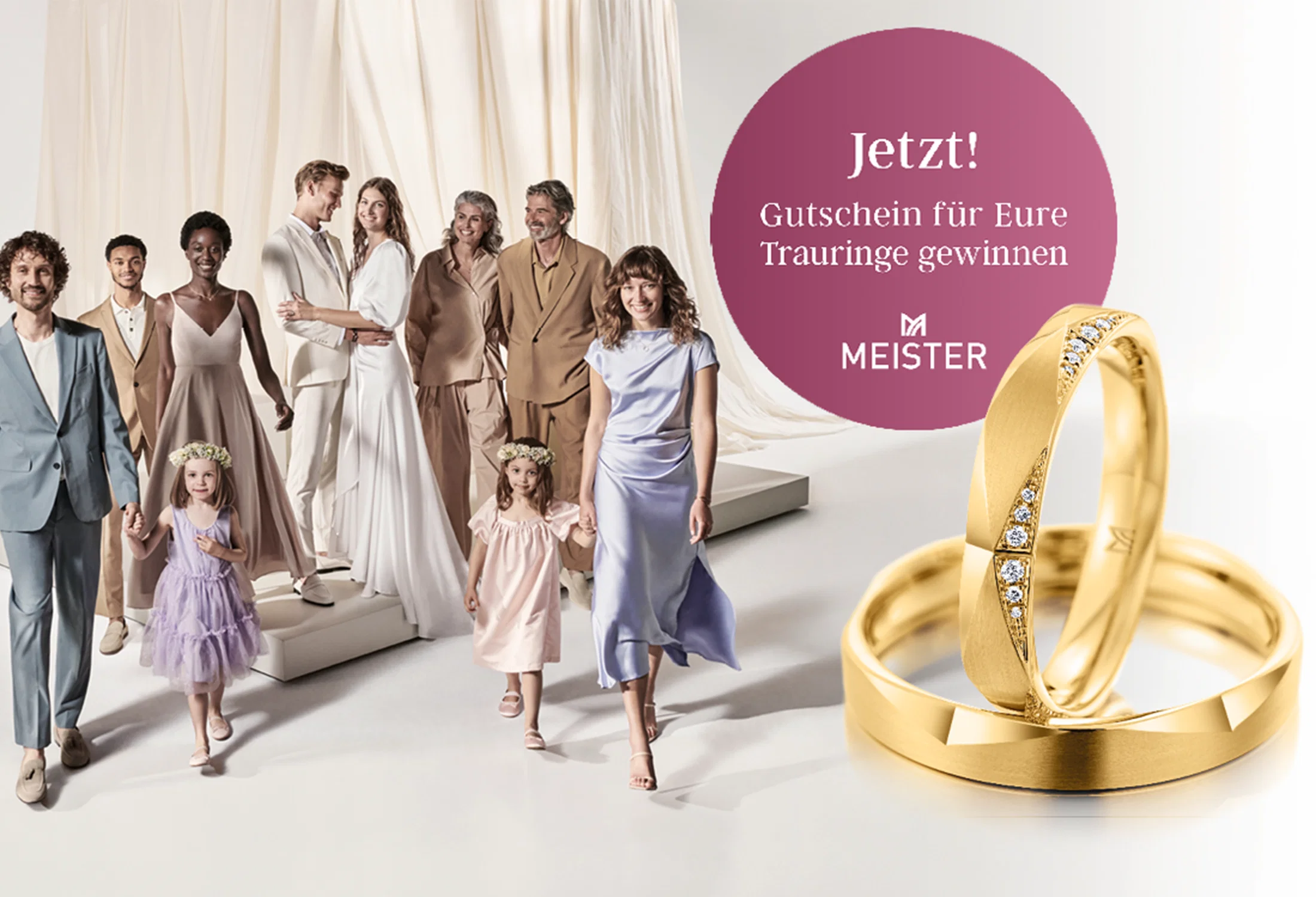 Banner für die Meister Gewinnspiel Aktion. Zu sehen ist ein goldenes Ringpaar auf der Rechten Seite und eine Gruppe von Menschen auf der Linken Seite